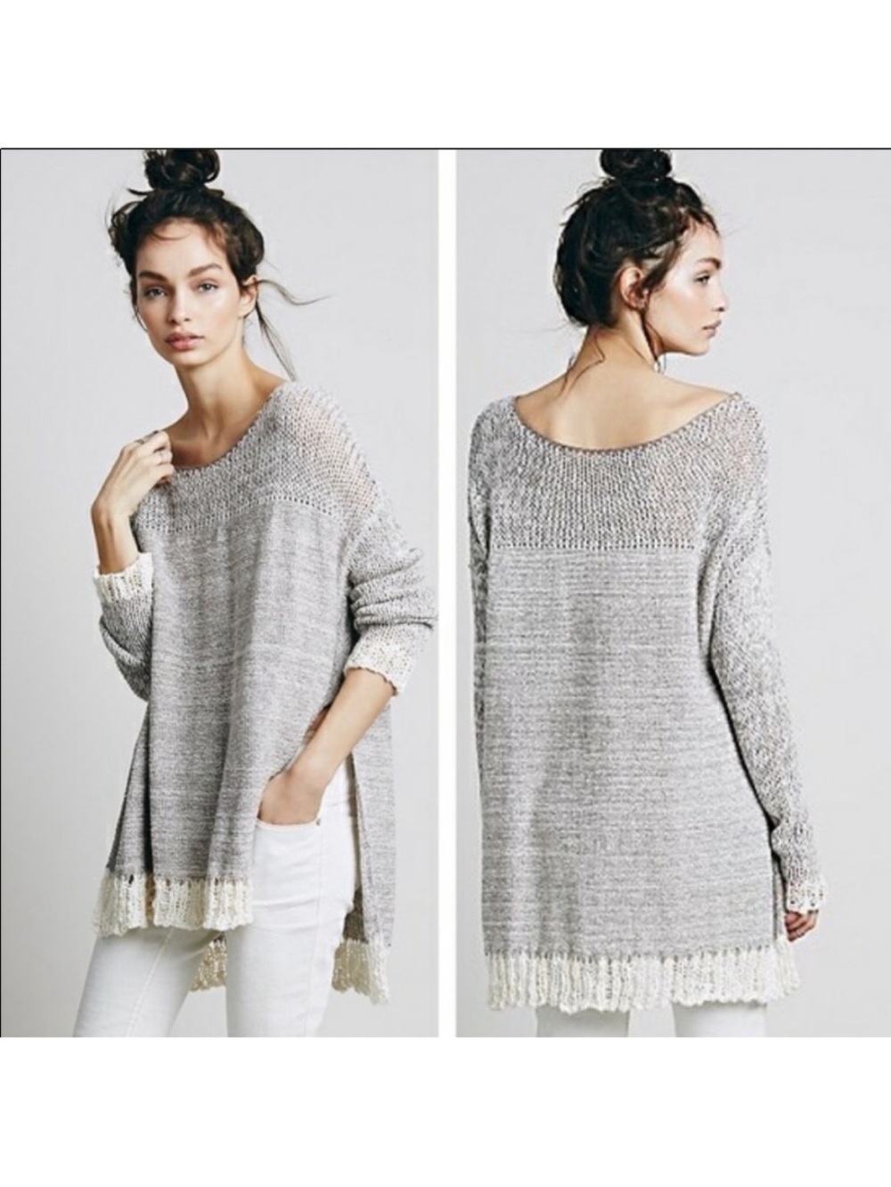 Free People Light Gray Off-Shoulder Knit Sweater with Ivory Fringe Sz XS B136